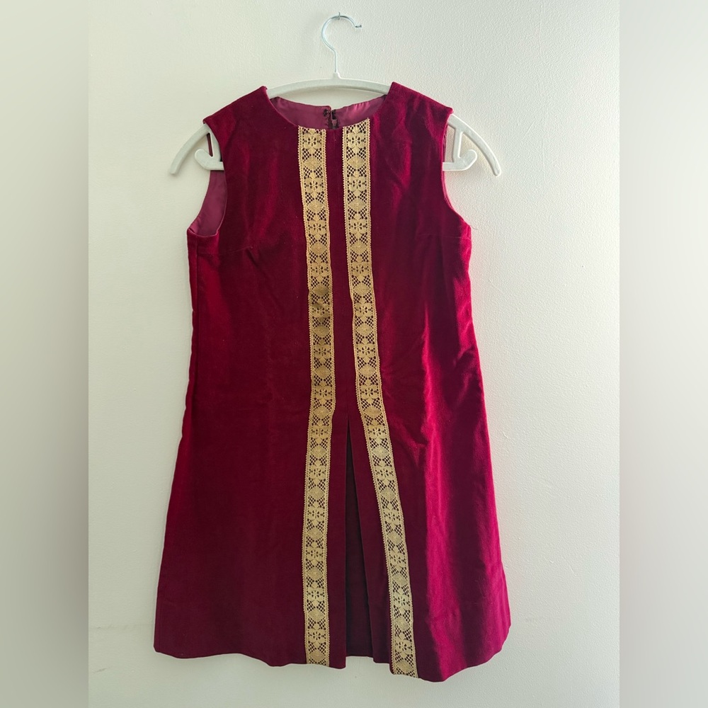 Vintage Velvet Magenta Mini Sleeveless Shift Dress with Cotton Lace Details